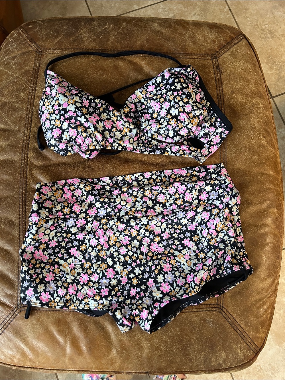 PINK Victoria's Secret Black Floral Bikini Set with Pink & Cream Accents